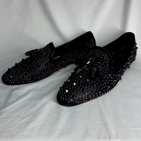 FIESSO Black Leather Loafers With Spike / Rhinestones Studs and Tassels - Picture 2 of 8